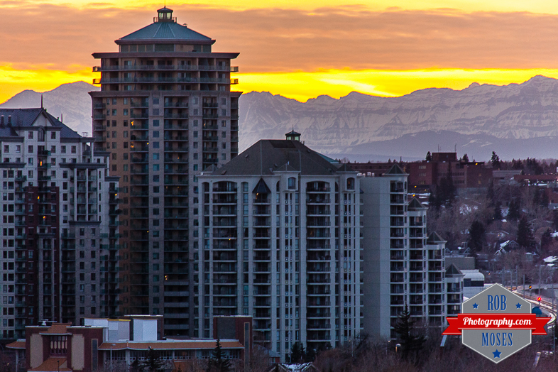 Calgary City Condo Apartment Buildings Rocky Mountains Rockies Canada Sunset - Rob Moses Photography - Famous urban landscape - Photographer