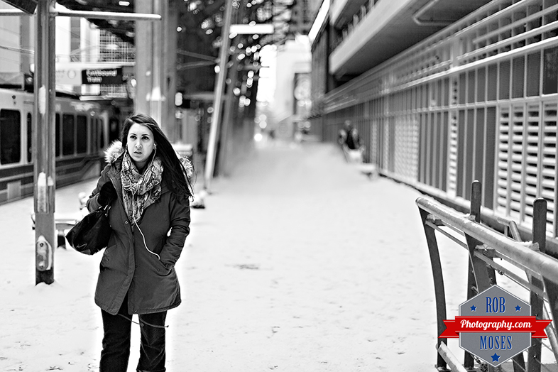 BW Girl woman winter walking downtown Calgary Canada subway train C-train snow snowblower street famous station - Rob Moses Photography - YYC Photographer