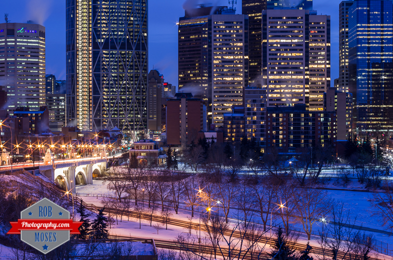 Calgary Alberta Canada Skyline downtown buildings bow river famous centre street bridge night YYC winter - Rob Moses Photography - Vancouver Seattle Photographer-1