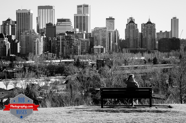 Calgary Alberta Skyline Street park buildings condos apartments girl woman bench urban city famous yyc - Rob Moses Photography - Vancouver Seattle Photographer Photographers-1