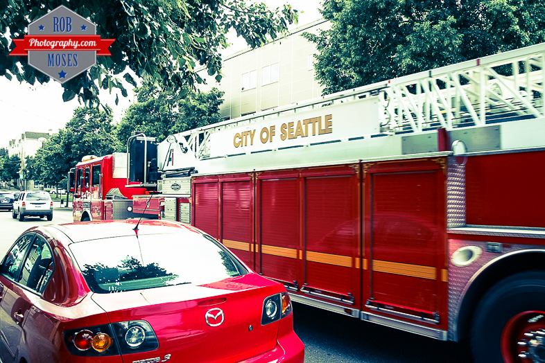 Seattle Fire truck mazda car street Washington State WA USA - Rob Moses Photography - Seattle Vancouver Calgary Photographer Native American Photographers