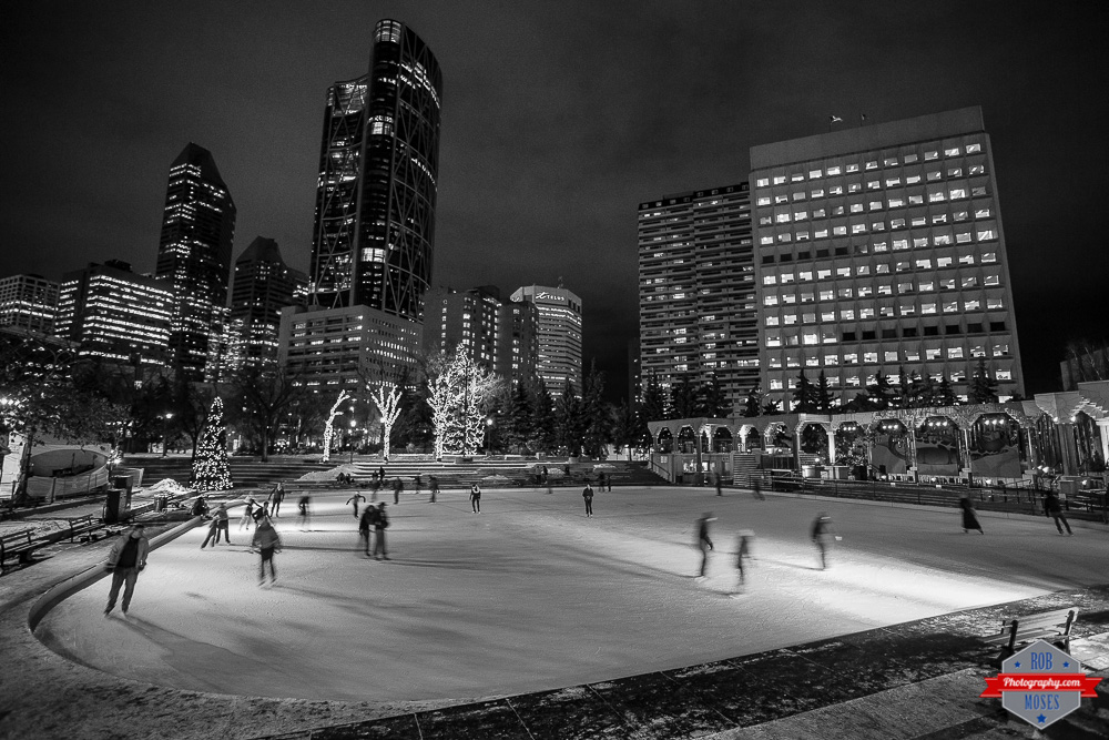 YYC Olympic Plaza city ice skating rink skyline urban night buildings - Rob Moses Photography Calgary Photographer Photographers Native American Famous un celebrity Tlingit Ojibawa Top Popular Best Good Canadian