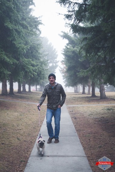 Man walking dog cute pug doggie path yyc fog foggy guy trees nice - Rob Moses Photography Calgary Photographer Photographers Native American Famous un celebrity Tlingit Ojibawa Top Popular Best Good Canadian