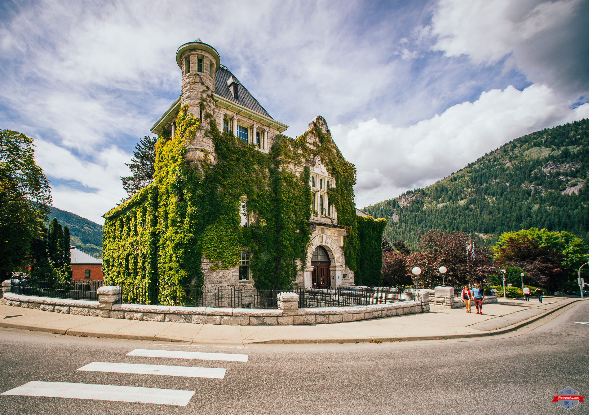 Nelson BC British Columba Canada Street city hall old building heritage Community stone Rob Moses Photography Native American leaves plants growing on building nature Sony a7R Nikon 14mm 2.8.jpg